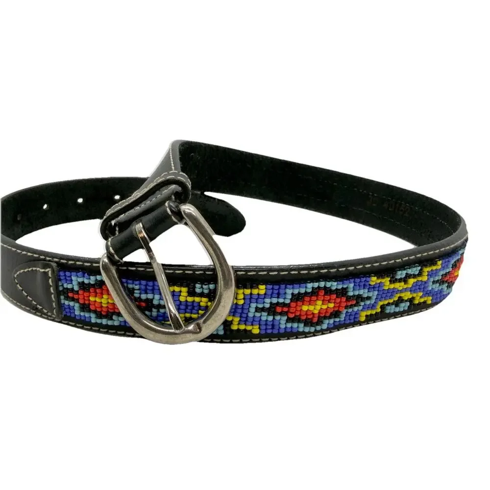 Vintage Beaded Leather Belt SouthWestern Black Sz 30 Native American Handmade